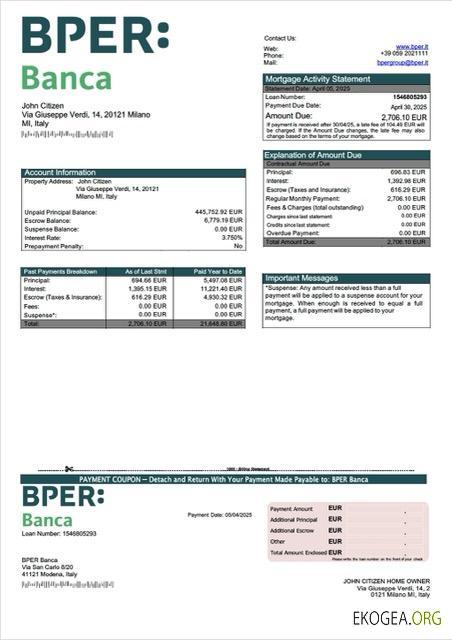 Modèle Word et PDF de relevé hypothécaire Italie BPER Banca